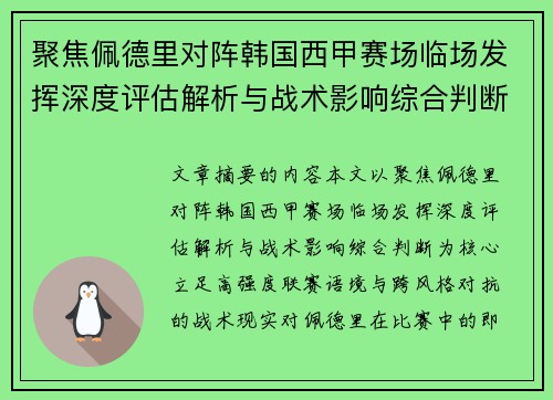 聚焦佩德里对阵韩国西甲赛场临场发挥深度评估解析与战术影响综合判断